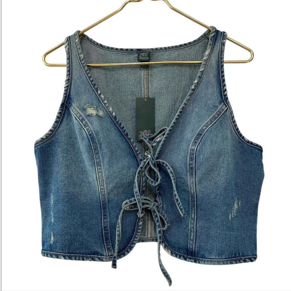 Wild Fable Denim Front Tie Distressed Vest Cropped Top NWT - Picture 2 of 7